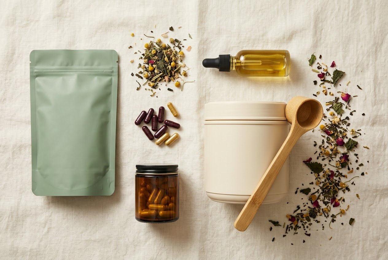 Unbranded wellness products: a greens pouch, capsules, a dropper bottle, a protein tub with a wooden scoop and loose herbal tea